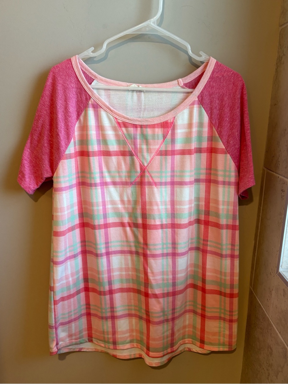 BiBi Pink Plaid Raglan Short Sleeve Tee